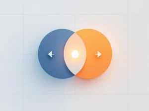 Twee kruisende geometrische cirkels in blauw en oranje met pijlen naar centraal evenwichtspunt op witte achtergrond