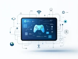 Tablet met game controller iconen en educatieve symbolen in blauw-groene tinten, omringd door geometrische tech elementen