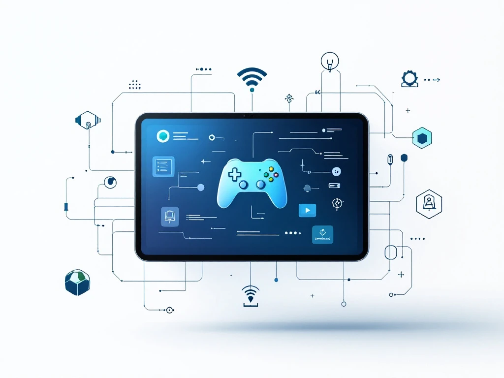Tablet met game controller iconen en educatieve symbolen in blauw-groene tinten, omringd door geometrische tech elementen