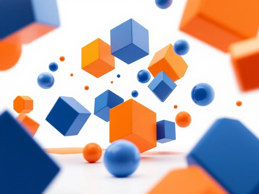 Geometrische 3D vormen in blauw en oranje zweven tegen witte achtergrond, symboliseren moderne leerprogressie