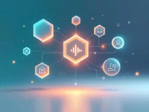 Digitale leeromgeving met zwevende geometrische vormen en gloeiende lijnen die gepersonaliseerde leerpaden voorstellen