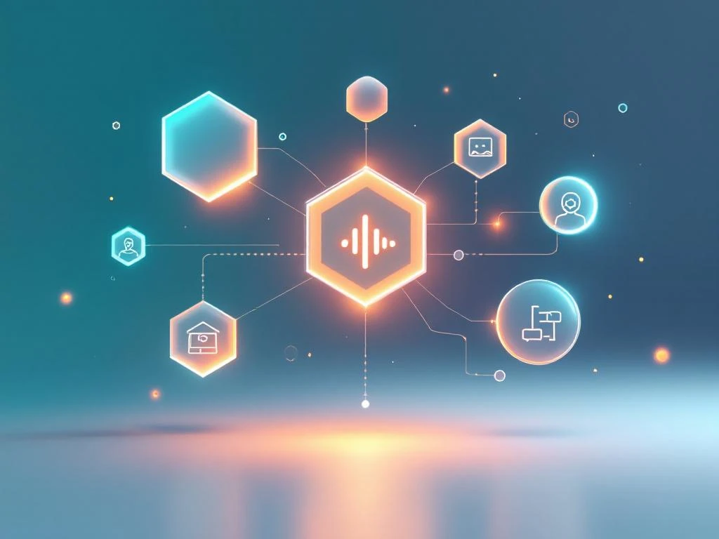 Digitale leeromgeving met zwevende geometrische vormen en gloeiende lijnen die gepersonaliseerde leerpaden voorstellen