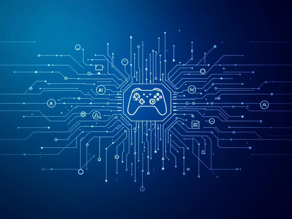 Geometrische AI-circuits die overvloeien in gamecontroller-elementen op blauwe gradiënt, met leerpaden en digitale knooppunten