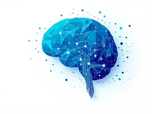 Geometrische hersenvorm van blauwe circuits en leernetwerken die overgaan in gepersonaliseerde datapaden op witte achtergrond
