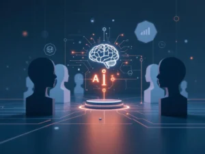 AI-brein pictogram verbonden met menselijke silhouetten via digitale paden in blauw-wit ontwerp voor werknemersontwikkeling