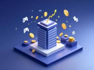 3D isometrische illustratie van bedrijfsgebouw met gouden munten, game-controllers en puzzelstukjes voor ROI groei