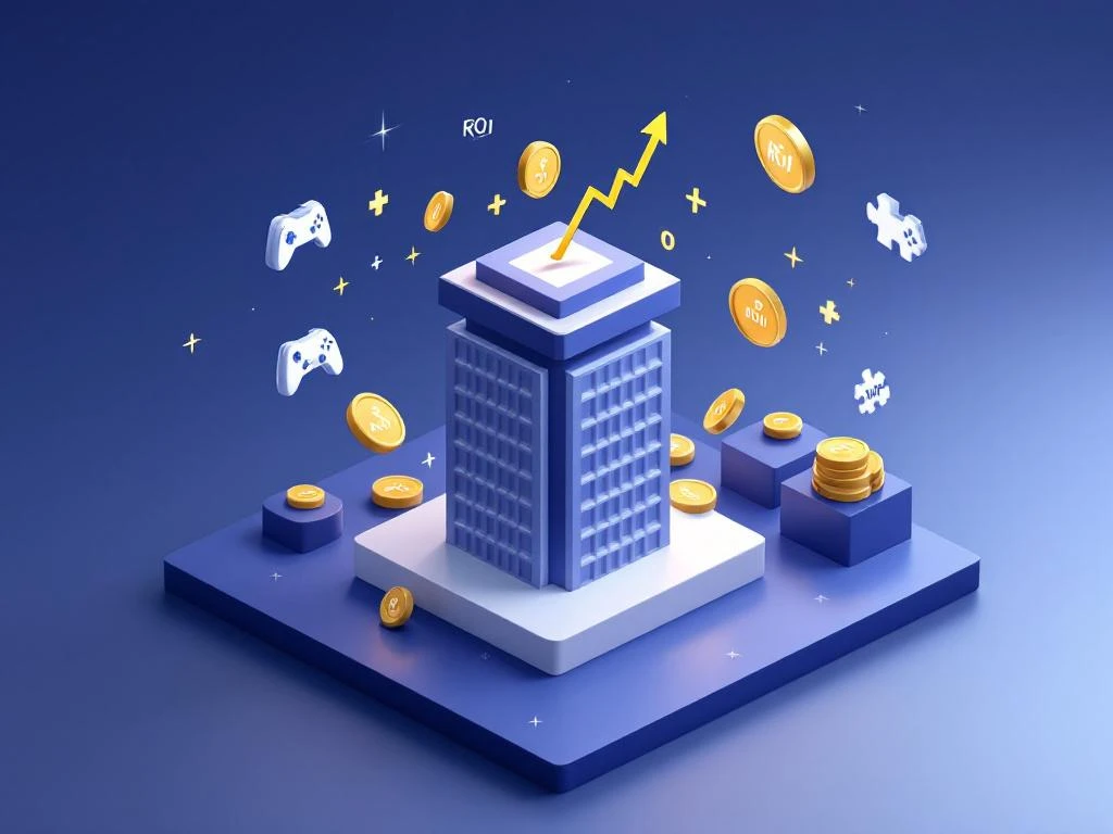 3D isometrische illustratie van bedrijfsgebouw met gouden munten, game-controllers en puzzelstukjes voor ROI groei