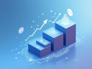 Geometrische blokken in oplopende trap tonen bedrijfsgroei met gaming-iconen en pijlen op blauwe gradiënt achtergrond.