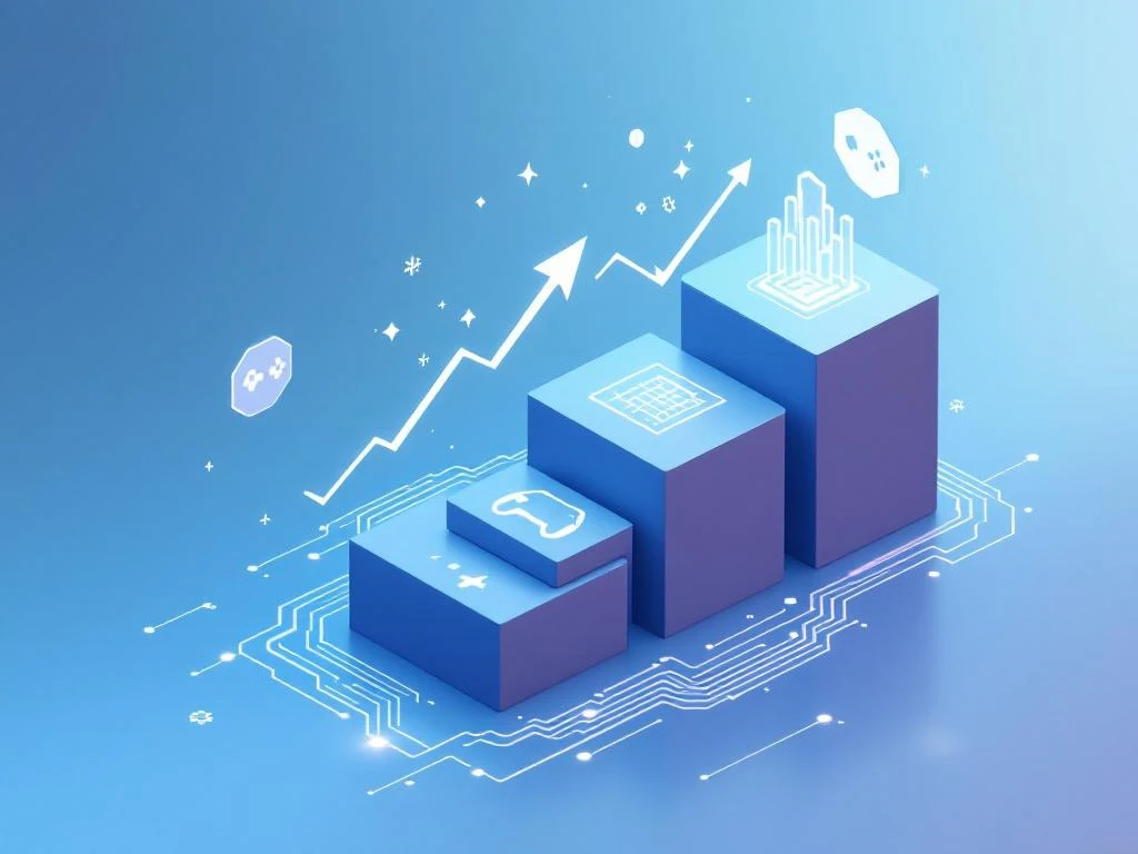 Geometrische blokken in oplopende trap tonen bedrijfsgroei met gaming-iconen en pijlen op blauwe gradiënt achtergrond.