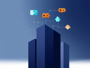 Donkerblauwe zakelijke gebouwsilhouet met oranje en groene game-controller iconen en puzzelstukjes op witte achtergrond