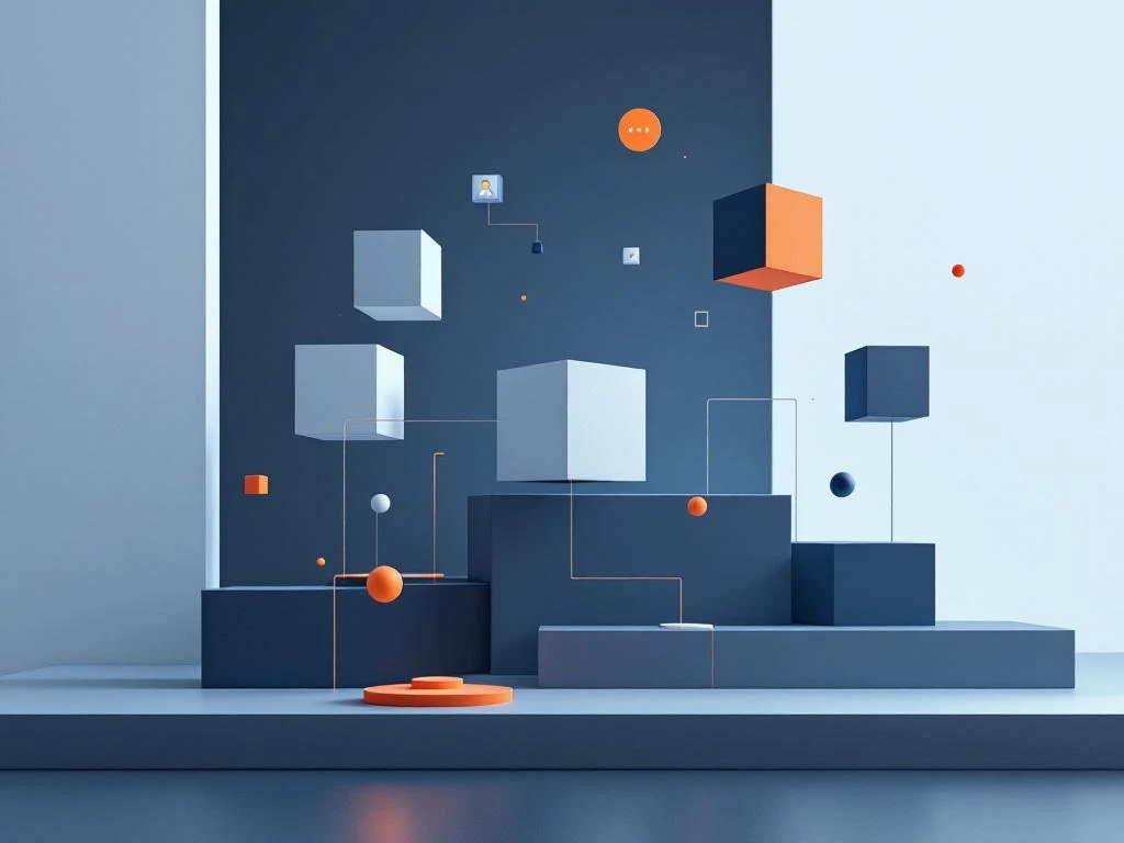 Geometrische blokken in blauwe en grijze tinten met oranje accenten, verbonden door lijnen, tonen zakelijke trainingsscenario's