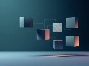 Geometrische bouwblokken in besluitvormingsmatrix met gemarkeerde oplossing, verbonden door lijnen op blauwe achtergrond