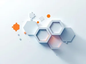 Geometrische puzzelstukken vormen een brug op witte achtergrond, symboliseert educatieve gaming en crisismanagement
