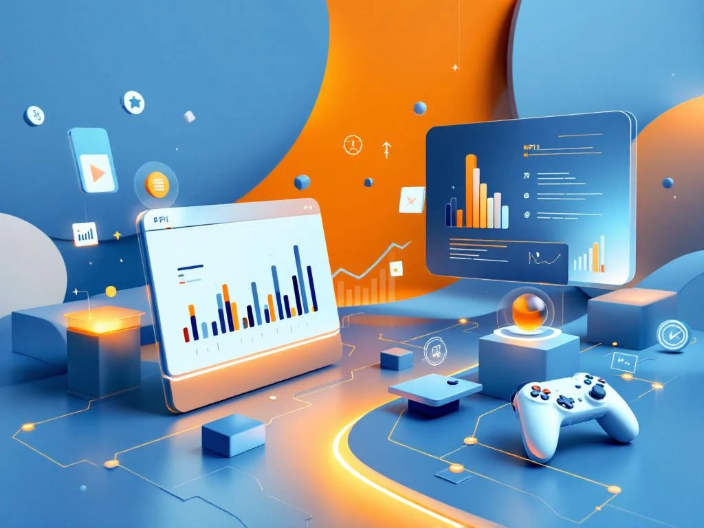 Minimalistisch dashboard met KPI-grafieken, voortgangsbalken en educatieve iconen in blauw-oranje kleurschema