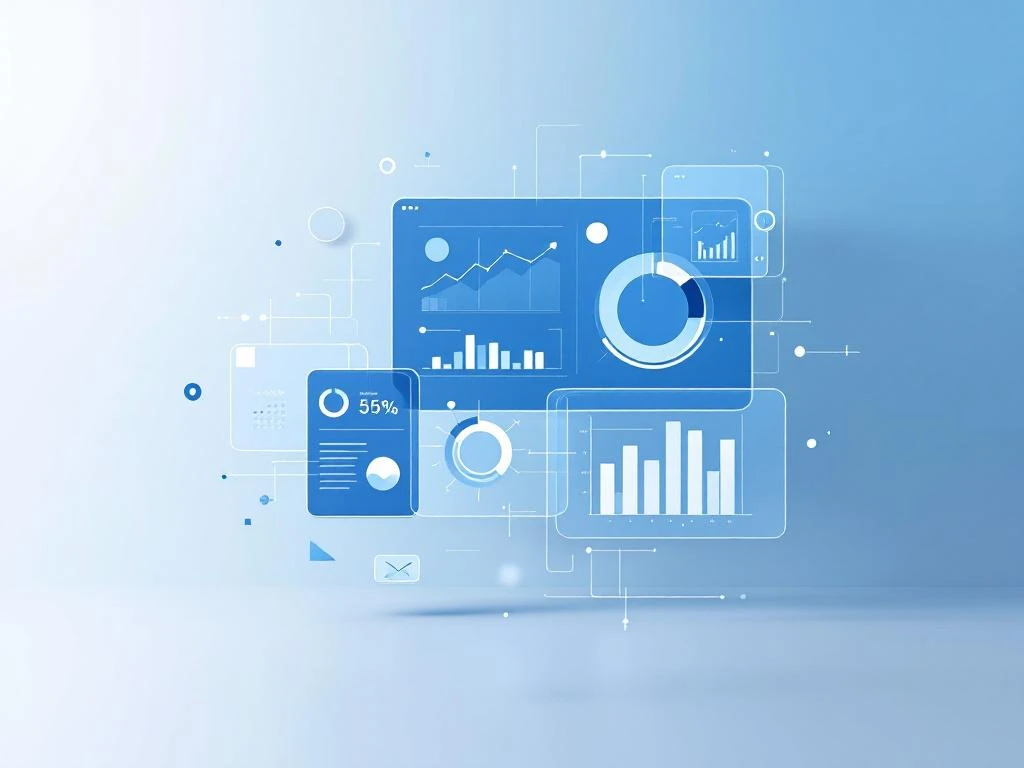 Minimalistische data visualisatie met zwevende dashboard schermen, grafieken en analytics in blauw-wit design