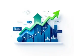 Stijgende pijl met geometrische datavisualisatie-elementen in blauw en groen op witte achtergrond voor trainingsresultaten
