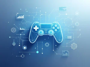 Geometrische gamecontroller met zwevende datavisualisatie-elementen op blauwe gradiënt achtergrond voor serious games