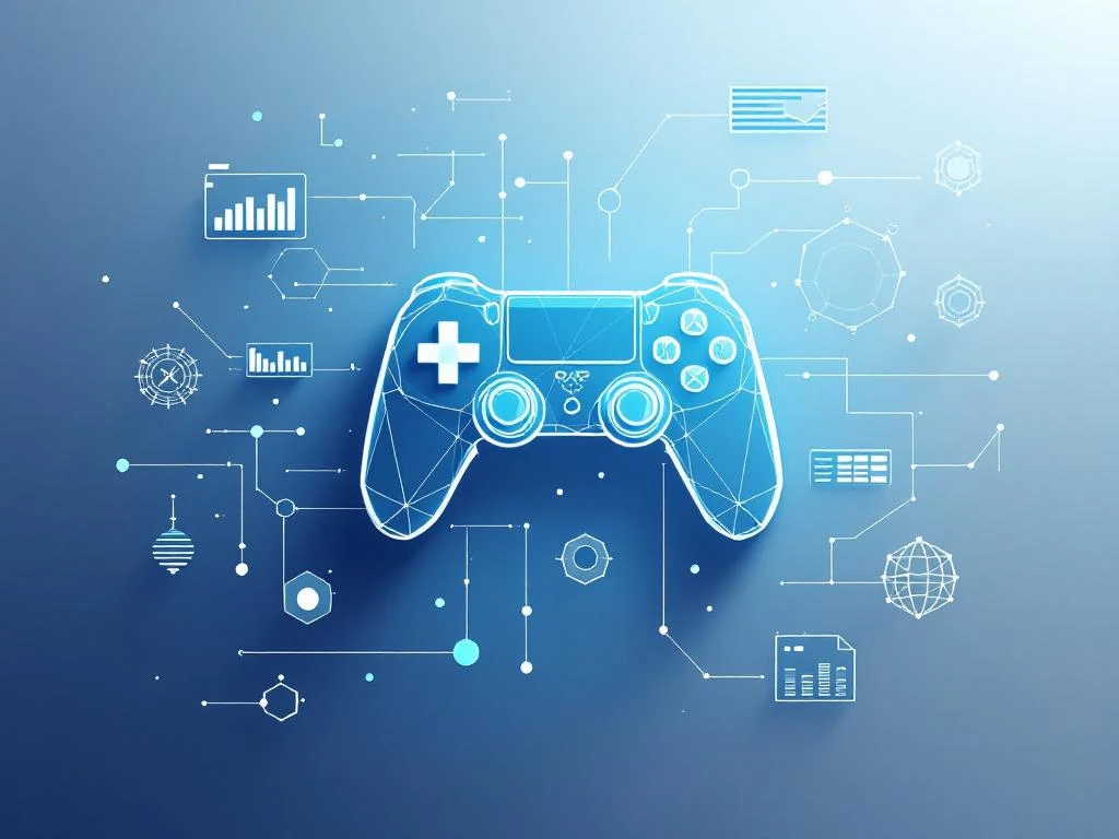 Geometrische gamecontroller met zwevende datavisualisatie-elementen op blauwe gradiënt achtergrond voor serious games