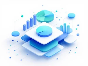 Minimalistische datavisualisatie met grafieken en voortgangsbalken in blauwe en groene tinten op witte achtergrond