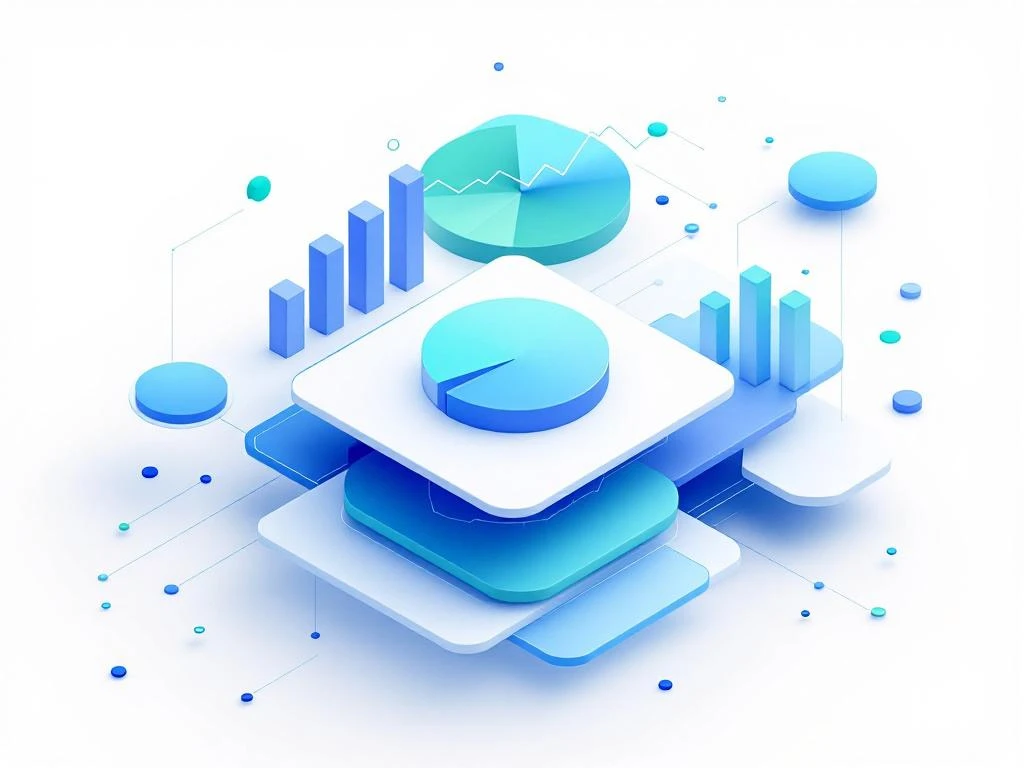 Minimalistische datavisualisatie met grafieken en voortgangsbalken in blauwe en groene tinten op witte achtergrond