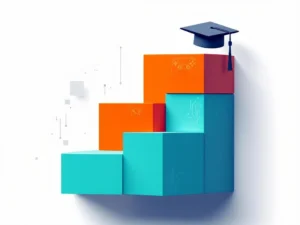 Geometrische blokken in oranje en blauw vormen trap naar graduatiehoed, met game controller iconen en circuit patronen