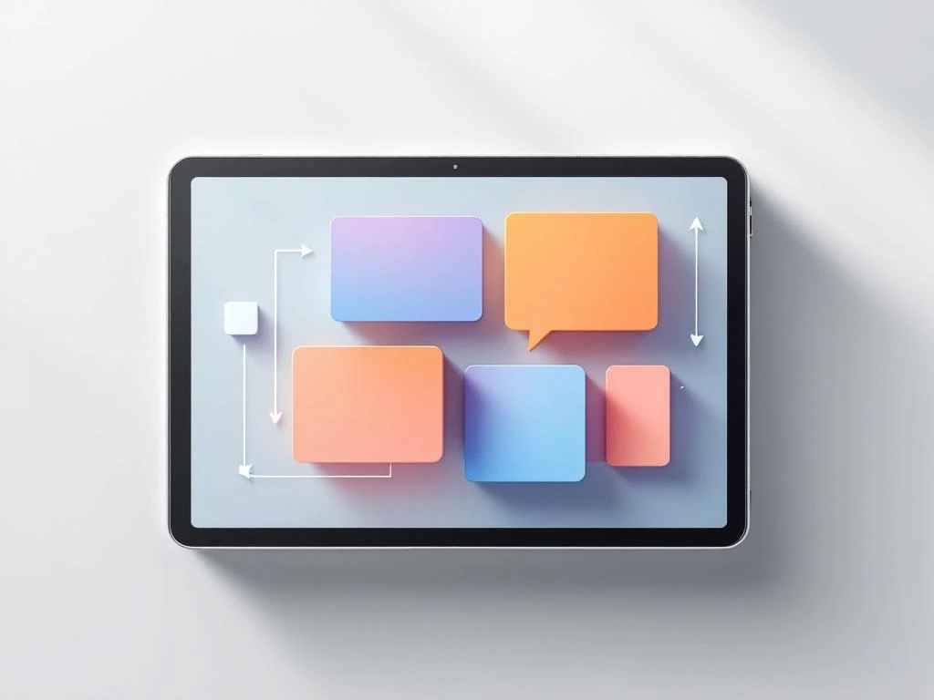 Moderne tablet toont educatieve modules met blauwe en oranje gradiënten, verbonden door witte pijlen op grijze achtergrond