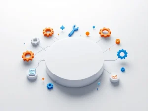 Digitaal platform interface met onderhoudstools iconen in blauw en oranje op witte achtergrond voor edtech