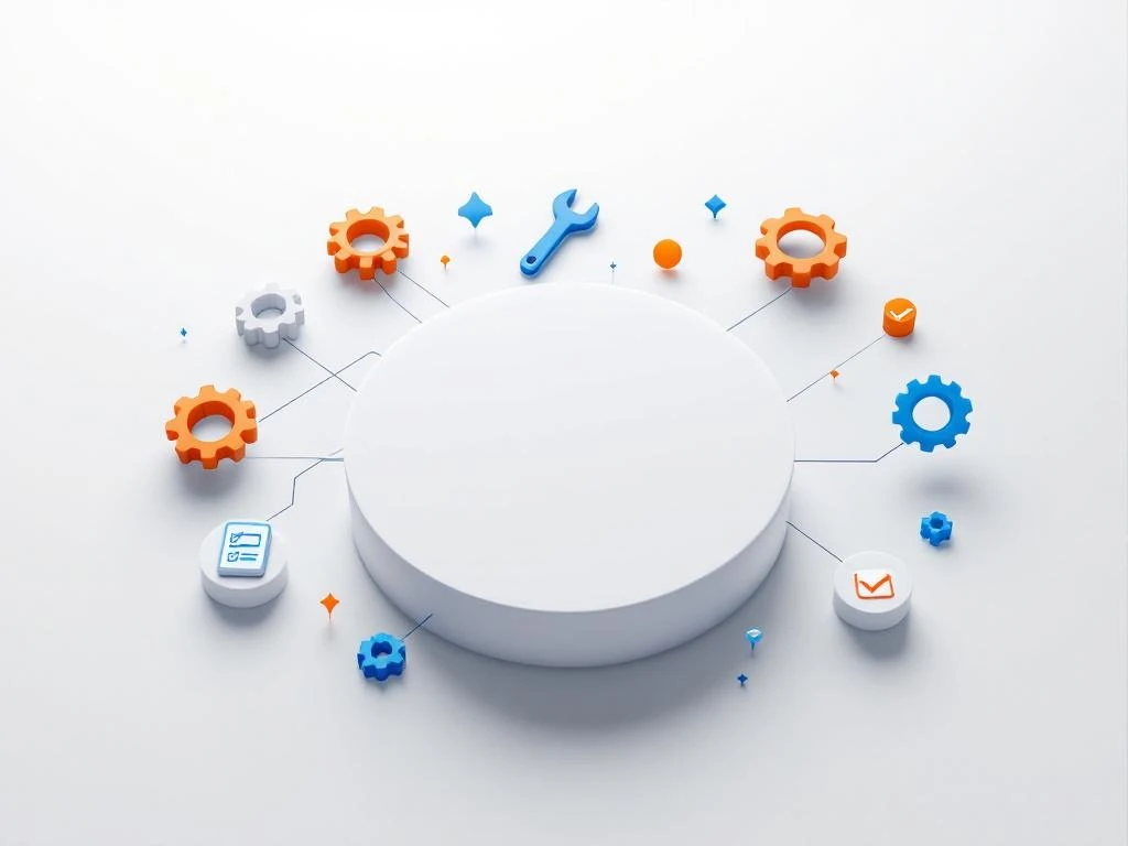 Digitaal platform interface met onderhoudstools iconen in blauw en oranje op witte achtergrond voor edtech