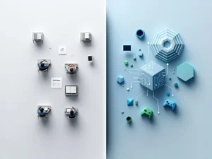 Split-screen vergelijking van traditioneel klaslokaal met bureaus en boeken versus digitaal leren met gaming elementen