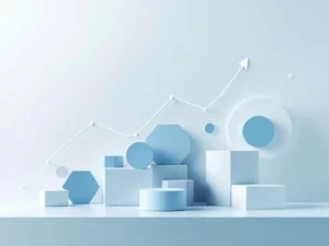 Abstracte geometrische vormen in blauw en wit die digitale transformatie in leren symboliseren met opwaartse pijl