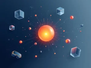 Geometrische technologie-elementen met gloeiende orb, VR-headsets en digitale interfaces in blauw-oranje kleurenpalet