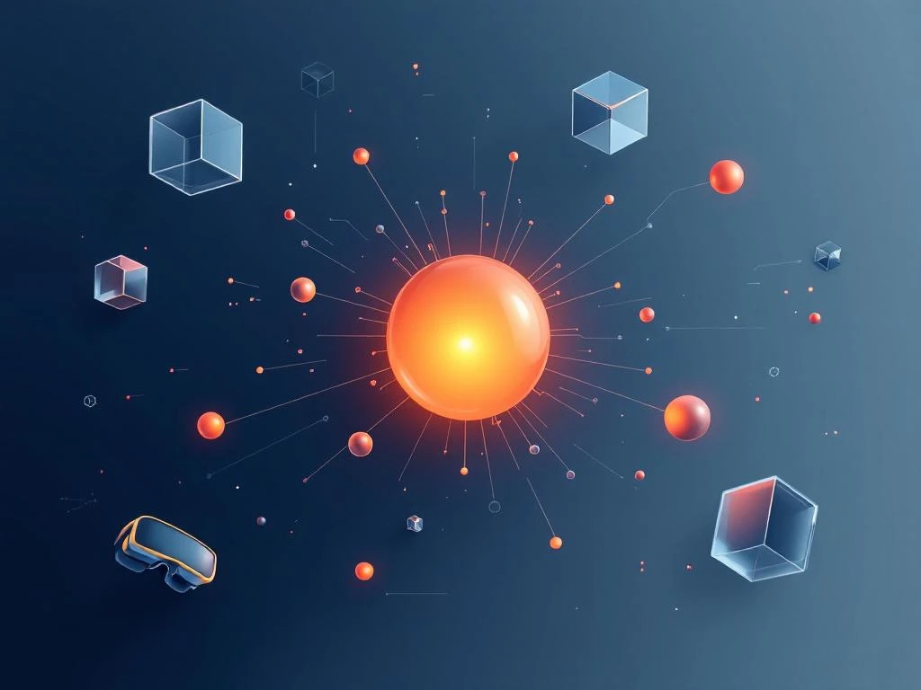 Geometrische technologie-elementen met gloeiende orb, VR-headsets en digitale interfaces in blauw-oranje kleurenpalet