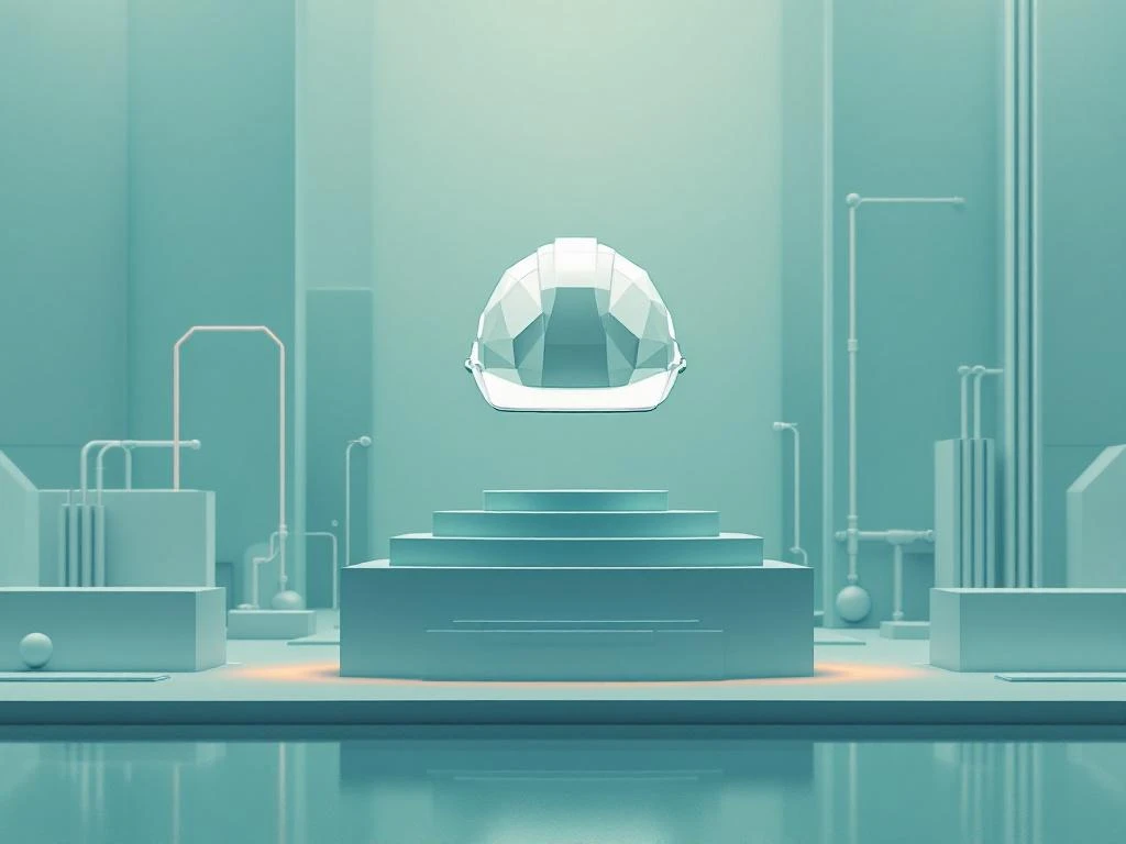 Geometrische veiligheidshelm zweeft boven minimalistische architectuurlijnen in digitale trainingsomgeving met teal en oranje accenten.