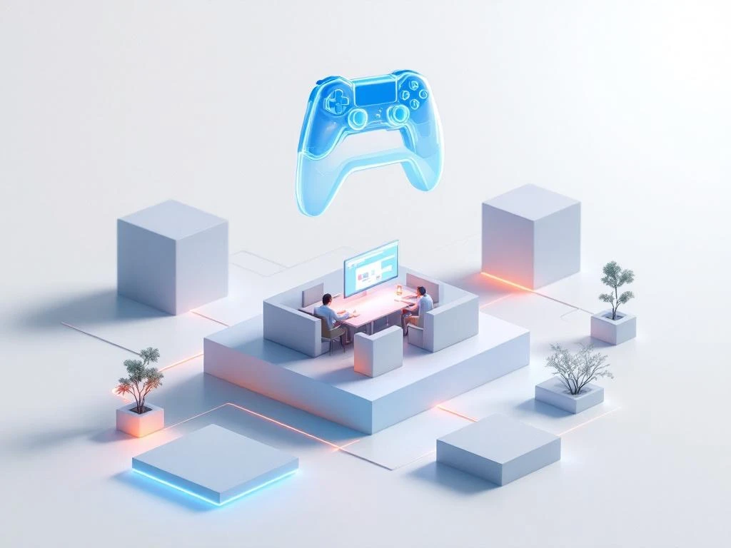 Digitale werkruimte met 3D blokken in blauw en grijs, verbonden door lichtgevende paden met zwevend computerscherm