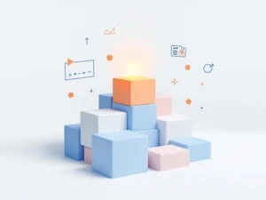 Piramide van geometrische blokken met gloeiende top, omringd door wireframe schetsen op witte achtergrond