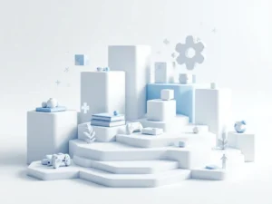 3D geometrische blokken en puzzelstukjes drijvend in lagen, wit en blauw, educatieve technologie concept