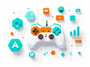 Minimalistisch grid met geometrische game controller elementen en educatieve iconen in teal en oranje op wit
