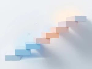 Abstracte 3D-trap van blauwe en oranje geometrische blokken met game controller-iconen, symboliseert educatieve voortgang