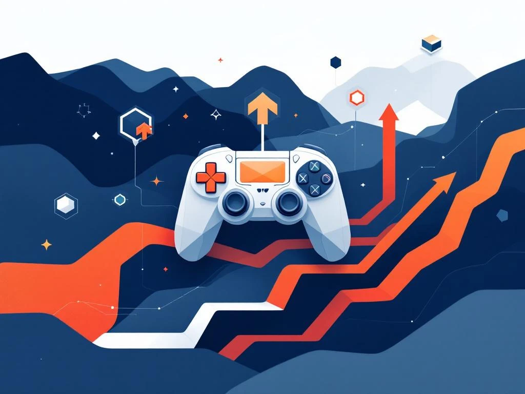 Geometrische gamecontroller met educatieve boekvormen en opwaartse pijlen in marineblauw en oranje op witte achtergrond