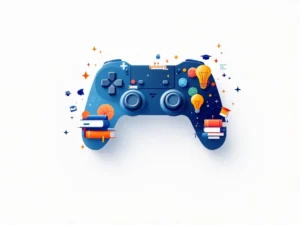 Spelcontroller die overgaat in educatieve elementen zoals boeken en afstudeerpetjes, verbonden door geometrische lijnen