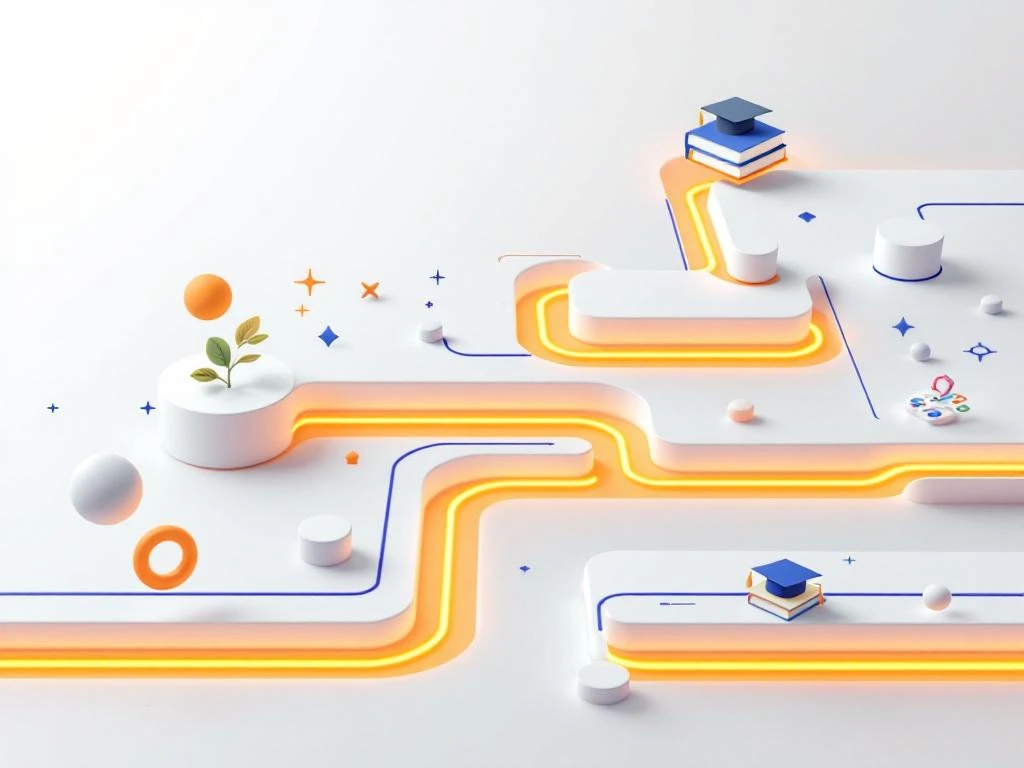 Geometrisch doolhof met witte en blauwe lijnen, oranje lichtpaden, en zwevende game- en onderwijssymbolen op grijze achtergrond