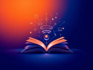 Geometrische gamecontroller die overgaat in open boekpagina's met spiraalvormige onderwijssymbolen op blauw-oranje verloop