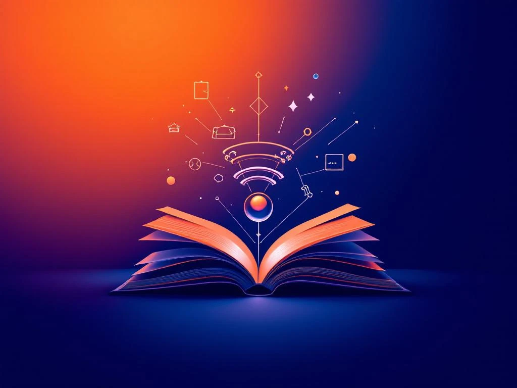 Geometrische gamecontroller die overgaat in open boekpagina's met spiraalvormige onderwijssymbolen op blauw-oranje verloop