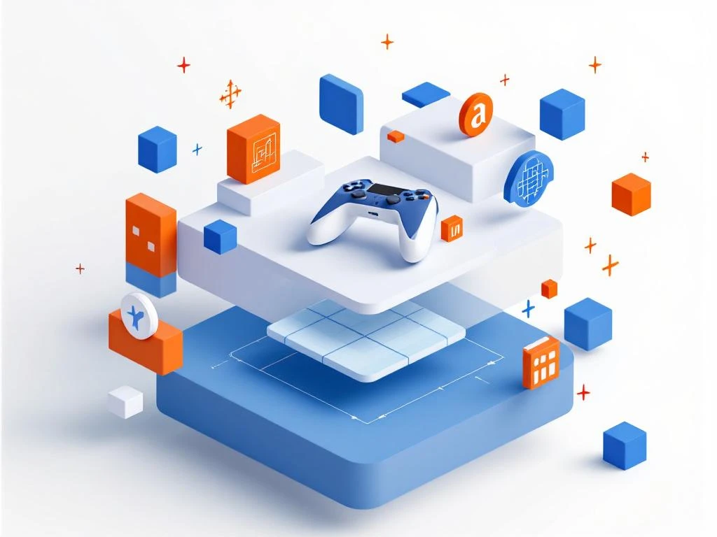 Minimalistisch ontwerp met geometrische game controller elementen en educatieve symbolen in blauw en oranje op wit.