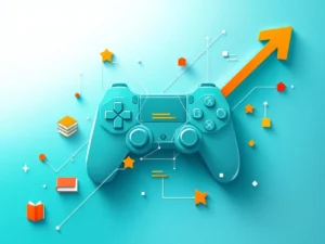 Geometrische game controller elementen en opwaartse pijlen in teal en oranje, met zeshoekige leerroutes op witte achtergrond