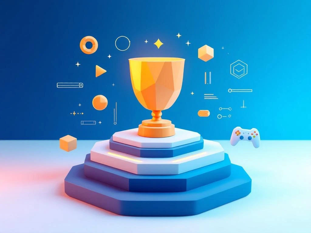 Abstracte trofee van geometrische vormen omringd door educatieve game-iconen op blauwe verloop achtergrond