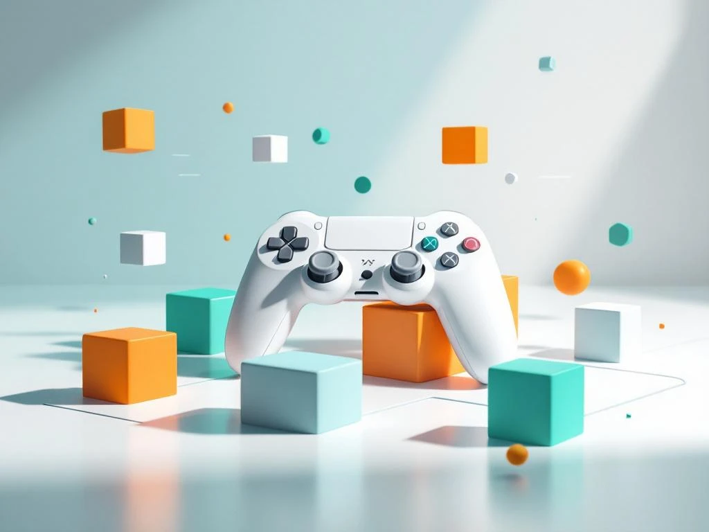 Minimalistische compositie met geometrische game controller elementen en educatieve symbolen in wit met teal en oranje accenten
