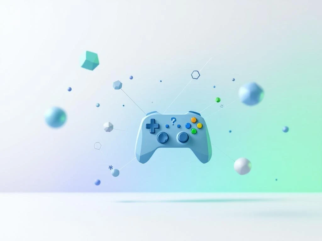 Pixelachtig vraagteken omringd door game controller elementen en digitale leersymbolen in minimalistische blauwe tinten
