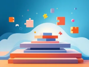 Geometrische bouwblokken en puzzelstukjes in blauw-oranje gradiënten tonen modulaire leerroutes voor educatieve technologie.