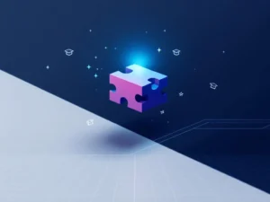 Geometrische puzzelstukjes in Mediaheads kleuren zweven boven digitaal raster, met gloeiend blauw middenstuk en onderwijs-gaming iconen